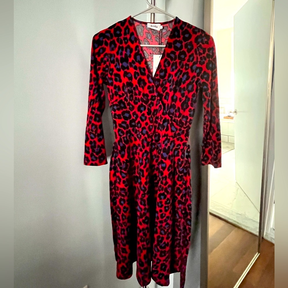 Red and blue leopard Leota wrap dress